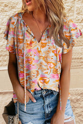 Split V Neck Flutter Sleeve Flower Blouse