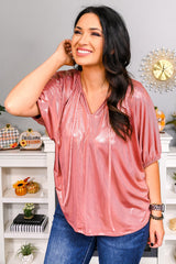 Split V Neck Metallic Short Sleeve Top