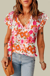 Split V Neck Ruffle Sleeve Floral Blouse