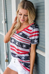 Star and Stripe Print V-Neck Casual T-Shirt