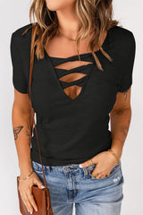 Strappy Hollow-Out Neck Rib Knit T Shirt