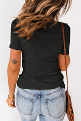 Strappy Hollow-Out Neck Rib Knit T Shirt