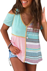 Stripe Color Block Cold Shoulder Knit Top