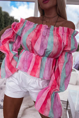 Stripe Print Frill Off Shoulder Bubble Sleeve Blouse