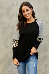 Striped And Leopard Color Block Sleeves Top