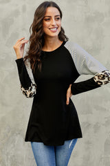 Striped And Leopard Color Block Sleeves Top