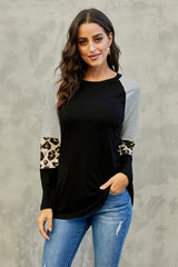 Striped And Leopard Color Block Sleeves Top
