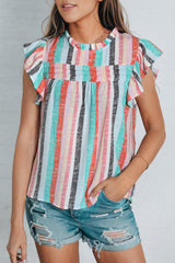 Striped Color Block Ruffled O-neck Sleeveless Top