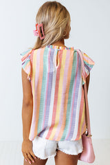 Striped Frill Round Neck Ruffle Sleeve Blouse