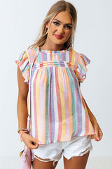 Striped Frill Round Neck Ruffle Sleeve Blouse