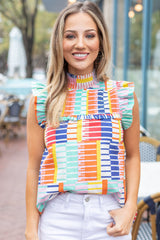 Striped Print High Neck Flutter Top