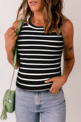 Striped Print Ribbed O-Neck Sleeveless Top