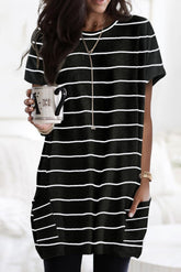 Striped Print Side Pockets Short Sleeve Tunic Top