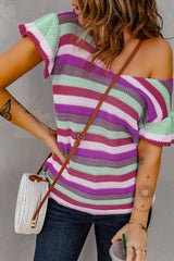 Striped Ruffle Short Sleeve Knit Top