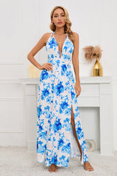 Floral Print Lace Up Backless Split Thigh Dress