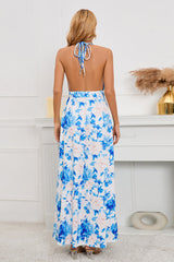 Floral Print Lace Up Backless Split Thigh Dress