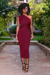 Sloping Neck Midi Tight Wrap Cocktail Dress