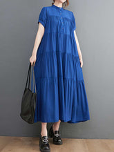 Cotton Short Sleeve Blue Color A-Line Dress