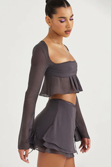Ruffle Trim Crop Chiffon Matching Set