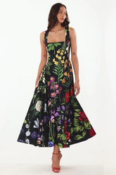 Printed Tie-Back Cotton-Blend Midi Dress