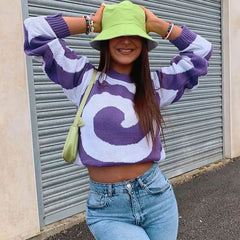 Striking Contrast Whirlpool Round Neck Pullover Sweater - Purple