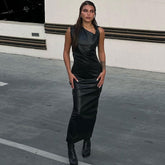 Asymmetrical Neck Twist Trim Sleeveless Faux Leather Bodycon Maxi Dress - Black