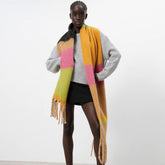 Bright Rainbow Stripe Printed Brushed Narrow Fringe Scarf - Multicolor