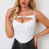 Chic Cut Out Mesh Trim Sleeveless Curved Hem Crop Corset Top - White