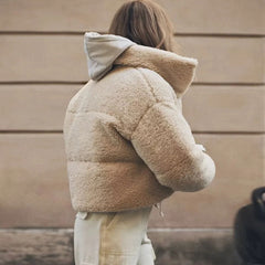 Chic Zipped Drop Shoulder Long Sleeve Stand Collar Cropped Puffer Coat - Beige