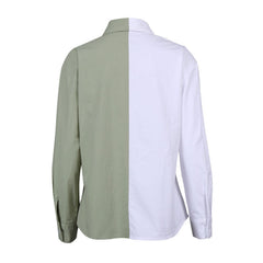 Contrast Color Faux Leather Panel Trim Long Sleeve Button Up Shirt - Green