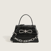 Crystal Bowknot Animal Pattern Chain Trim Faux Leather Handle Bag - Black
