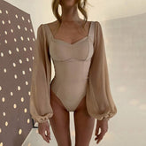 Elegant High Cut Mesh Puff Sleeves Sweetheart Bodysuit - Khaki