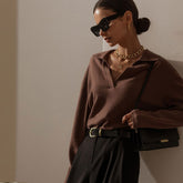 Fabulous Solid Color Collared V Neck Long Sleeve Sweater - Coffee