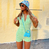 Fluffy Letter Embossed Sleeved Button Down Collared Romper - Green