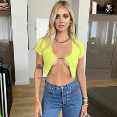 Fuzzy Letter Chain Open Front Short Sleeve Ribbed Crop Cardigan - Yellow