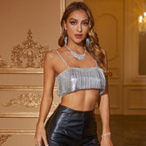 Glittering Fringe Detail Square Neck Open Back Chainmail Crop Tank Top - Silver