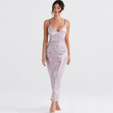 Glossy Flower Print V Neck Sleeveless Bodycon Maxi Dress - Pink