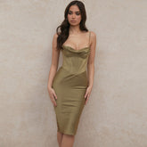 Glossy Satin Cowl Neck Underwire Bustier Corset Midi Dress - Green