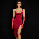 Glossy Satin Scoop Neck High Slit Slip Cocktail Midi Dress - Red