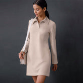 Minimalist Solid Color Long Sleeve Pointed Collar Mini Dress - Khaki