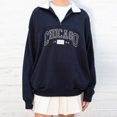 Oversized Embroidered Trim Drop Shoulder Half Zip Collared Sweatshirt - Navy Blue