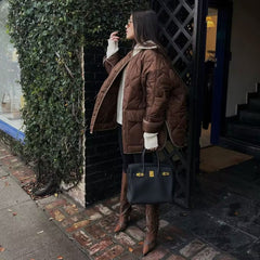 Oversized Long Sleeve Button Down Flap Pocket Quilted Jacket - Chocolate