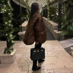 Oversized Long Sleeve Button Down Flap Pocket Quilted Jacket - Chocolate