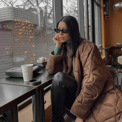 Oversized Long Sleeve Button Down Flap Pocket Quilted Jacket - Chocolate