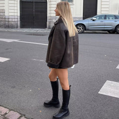 Oversized Notch Collar Button Up Long Sleeve Faux Suede Shearling Coat - Coffee