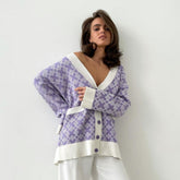 Oversized Plaid Print V Neck Button Up Long Sleeve Ribbed Cardigan - Purple