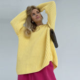Oversized Ribbed Candy Color Crewneck Pullover Sweater - Yellow
