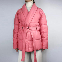 Oversized Shawl Collar Long Sleeve Belted Puffer Jacket - Coral Pink
