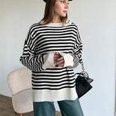 Oversized Striped Crew Neck Drop Shoulder Long Sleeve Sweater - Stripe