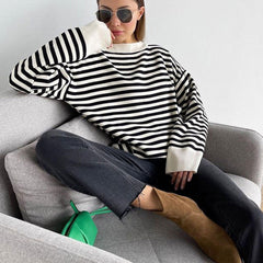 Oversized Striped Crew Neck Drop Shoulder Long Sleeve Sweater - Stripe
